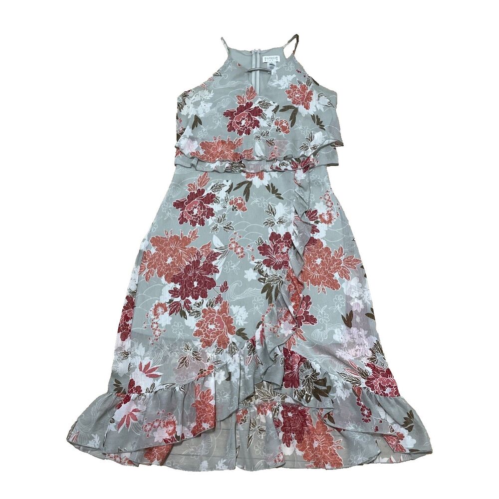 Enfocus Studio Dress 12 Women Asymetric Tiered Chiffon Green Orange Floral Boho